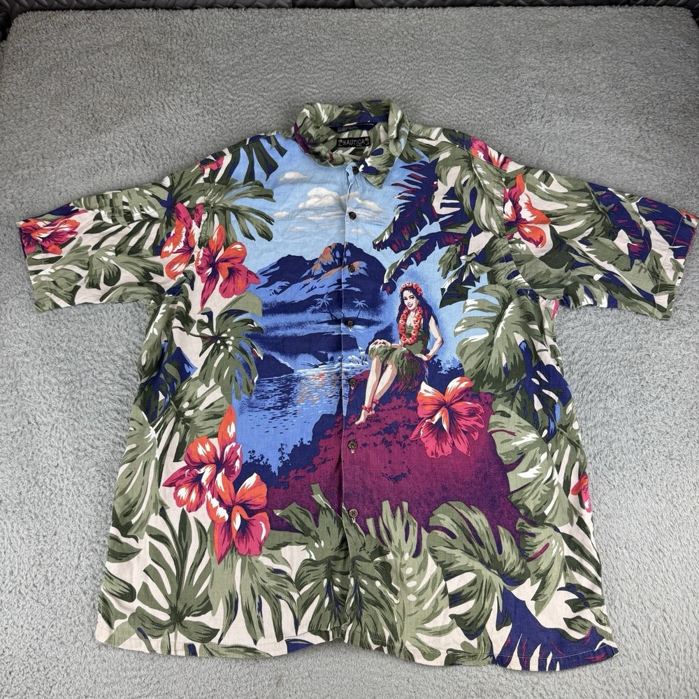 Vintage Hawaiian Shirt Men Large Nautica Hula Girl Mountains AOP Linen Blend 90s
